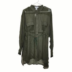 Spiegel 100% Silk Sheer Long Sleeve Tunic Button Up Shirt Waist Tie, Olive, 16W